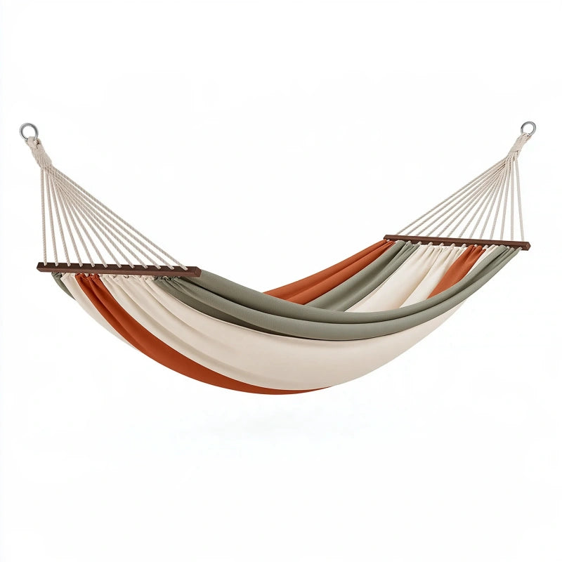 Hängematte 300 x 150 cm aus Baumwollgewebe in Creme/Salbeigrün/Terrakotta mit Holzspreizstäben