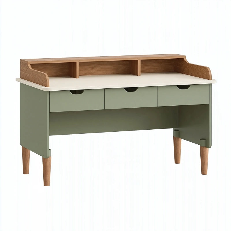 Schreibtisch 120 x 60 x 95 cm in Grün und Holzoptik mit Schubladen und Aufsatz