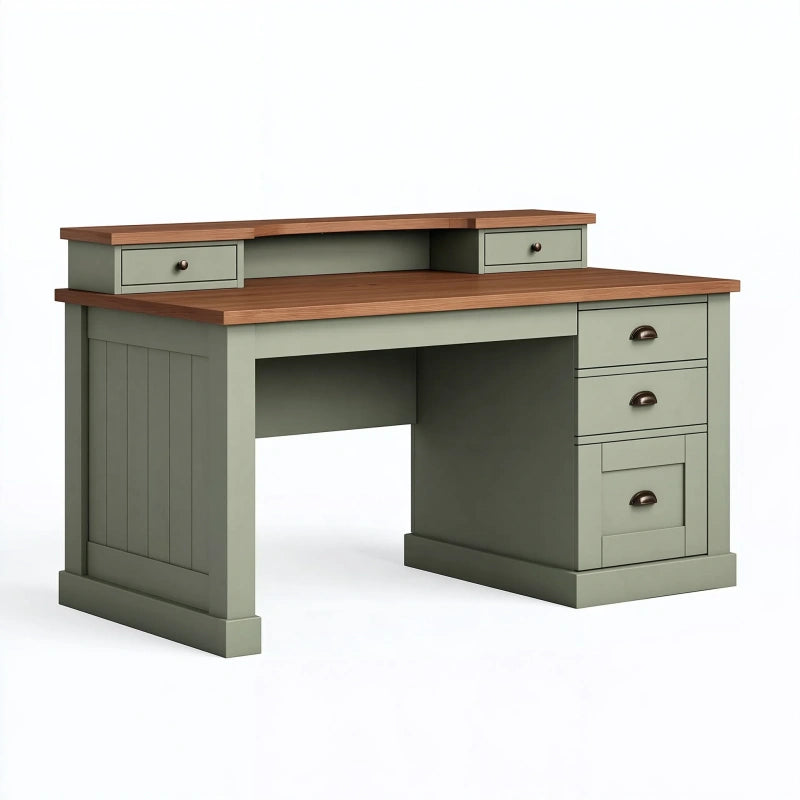Schreibtisch 140 x 60 x 90 cm aus Holzwerkstoff Grün Braun mit 5 Schubladen