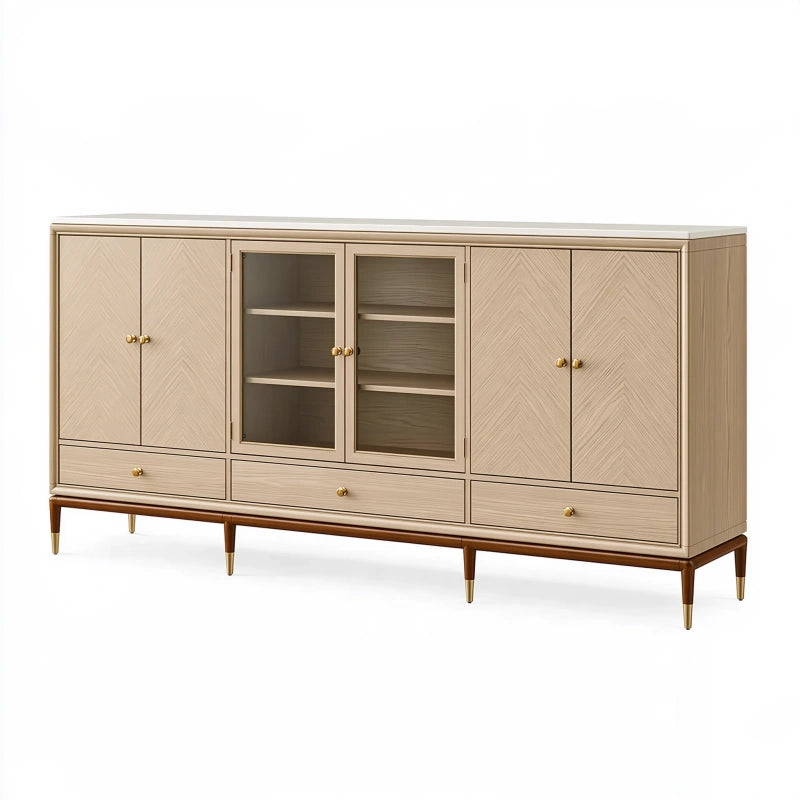 Sideboard 200 x 45 x 95 cm in Beige Holzwerkstoff und Glas mit Schubladen im klassischen Stil