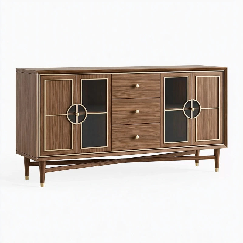 Sideboard 180 x 40 x 90 cm in Walnussholzoptik mit Glastüren und Schubladen im Mid-Century-Stil