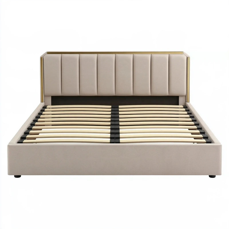Polsterbettrahmen 160 x 200 cm Stoff Beige mit Lattenrost und gepolstertem Kopfteil