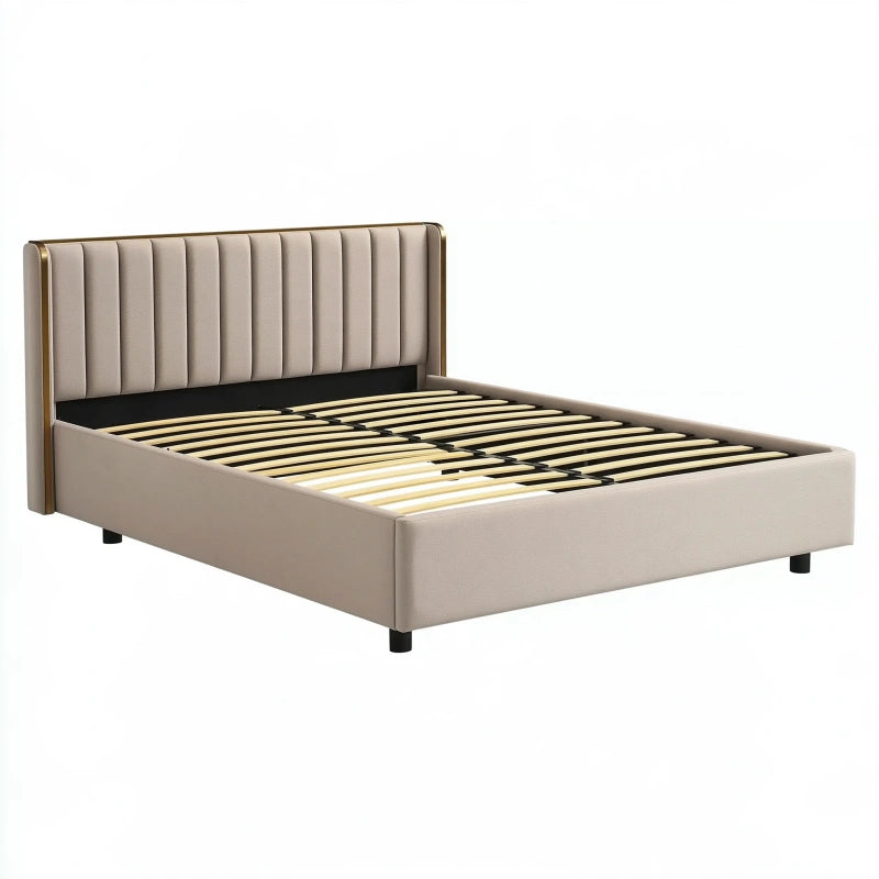 Polsterbett 160 x 200 cm aus Webstoff in Beige mit Lattenrost und gepolstertem Kopfteil